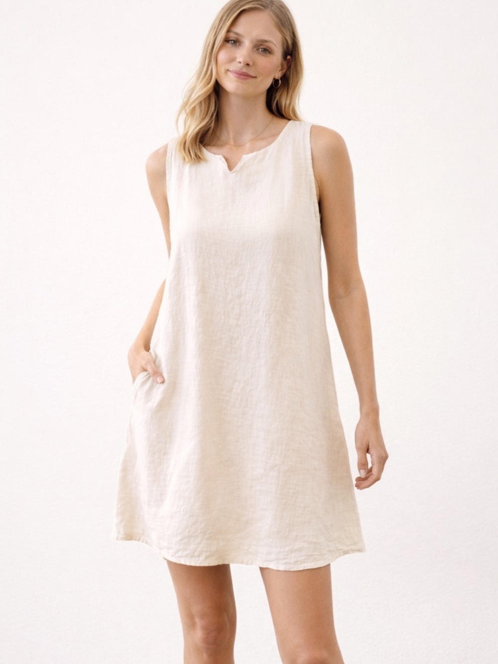 Mido Italian Linen Cream Sleeveless Shift Dress Mini Relaxed Fit Size S